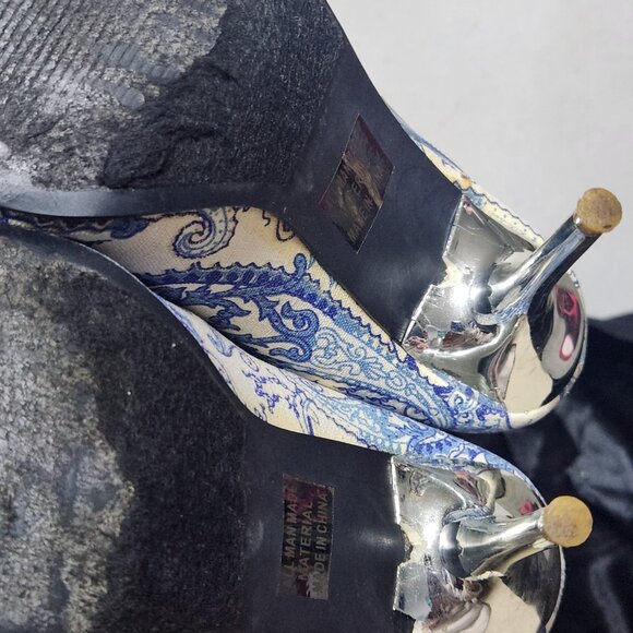 Unique Vintage Paisley Print Blue/Cream Fabric Heels Size 8.5 - Picture 9 of 10